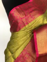 Neon Green Kora Silk Saree with Gold Zari Weaves - Image 4