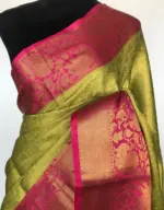 Neon Green Kora Silk Saree with Gold Zari Weaves - Image 3