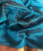 Ocean Blue Mangalagiri Silk Saree with gold zari checks - Image 8