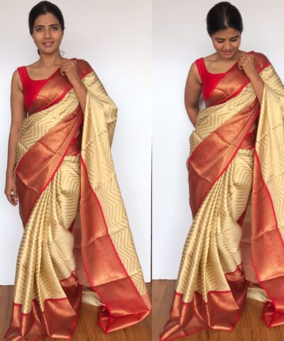 Offwhite Kora Silk Saree with Gold Zari Weaves in Chevron Pattern