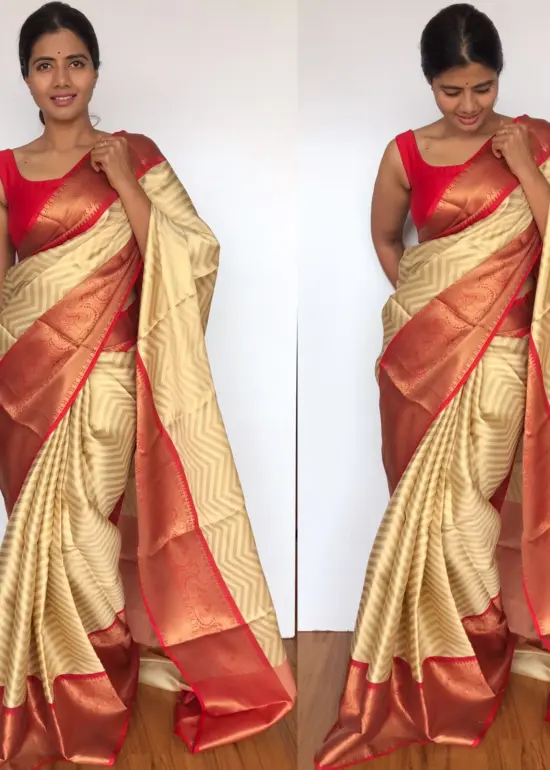 Offwhite Kora Silk Saree with Gold Zari Weaves in Chevron Pattern