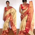 Offwhite Kora Silk Saree with Gold Zari Weaves in Chevron Pattern - Image 4