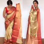 Offwhite Kora Silk Saree with Gold Zari Weaves in Chevron Pattern - Image 5