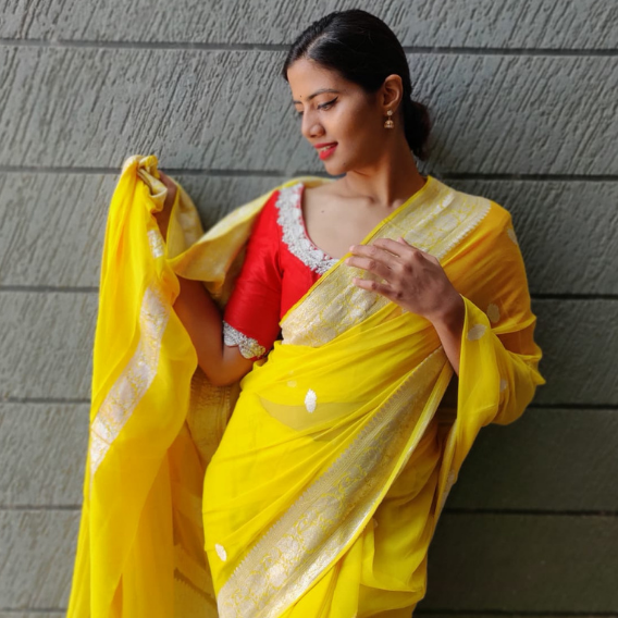 Lemon Yellow Banarasi Silk Saree in Pure Khaddi Chiffon - Mirra Clothing