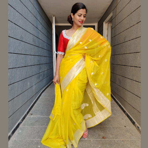 Geroo Jaipur Embellished Sarees : Buy Geroo Jaipur Yellow Shaded Hand  Embroidered Gota Jaal Chiffon Saree Online|Nykaa fashion