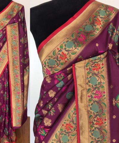 Magenta Pink Banarasi Silk Saree with Gold Zari and Meenakari Motifs