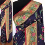 Navy Blue Pink Banarasi Silk Saree with Gold Zari and Meenakari Motifs