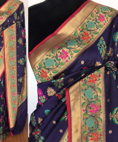 Navy Blue Pink Banarasi Silk Saree with Gold Zari and Meenakari Motifs