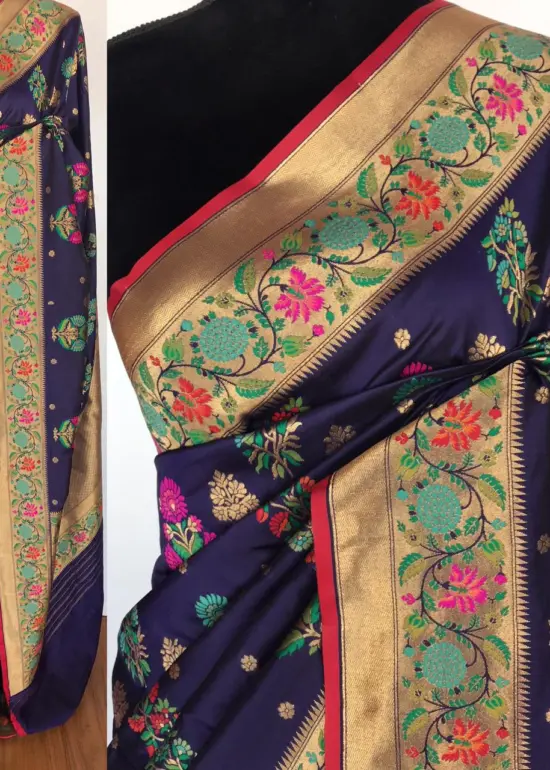 Navy Blue Pink Banarasi Silk Saree with Gold Zari and Meenakari Motifs