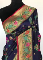 Navy Blue Pink Banarasi Silk Saree with Gold Zari and Meenakari Motifs - Image 3