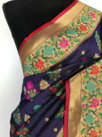 Navy Blue Pink Banarasi Silk Saree with Gold Zari and Meenakari Motifs - Image 4