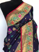 Navy Blue Pink Banarasi Silk Saree with Gold Zari and Meenakari Motifs - Image 6