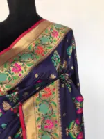 Navy Blue Pink Banarasi Silk Saree with Gold Zari and Meenakari Motifs - Image 5