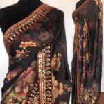Black Crepe Saree with floral prints - Image 2