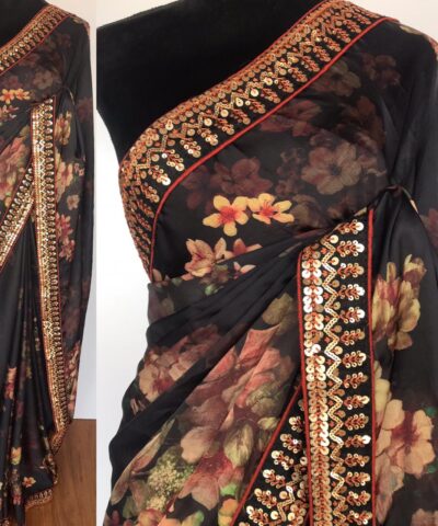 Black Crepe Saree with floral prints