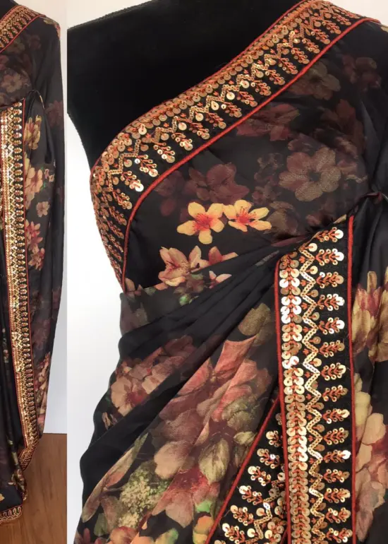 Black Crepe Saree with floral prints