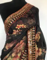 Black Crepe Saree with floral prints - Image 3