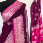 Eggplant Purple Pure Khaddi Banarasi Silk Saree in Chiffon woven in Silver Zari - Image 2