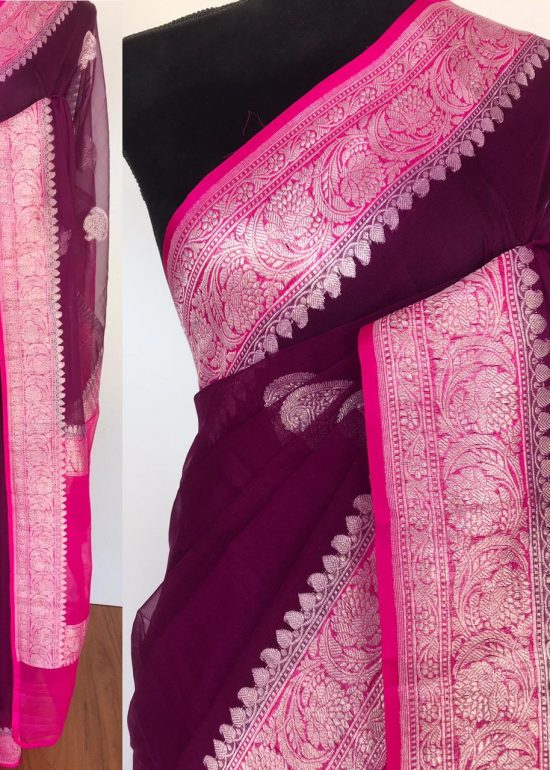 Eggplant Purple Pure Khaddi Banarasi Silk Saree in Chiffon woven in Silver Zari