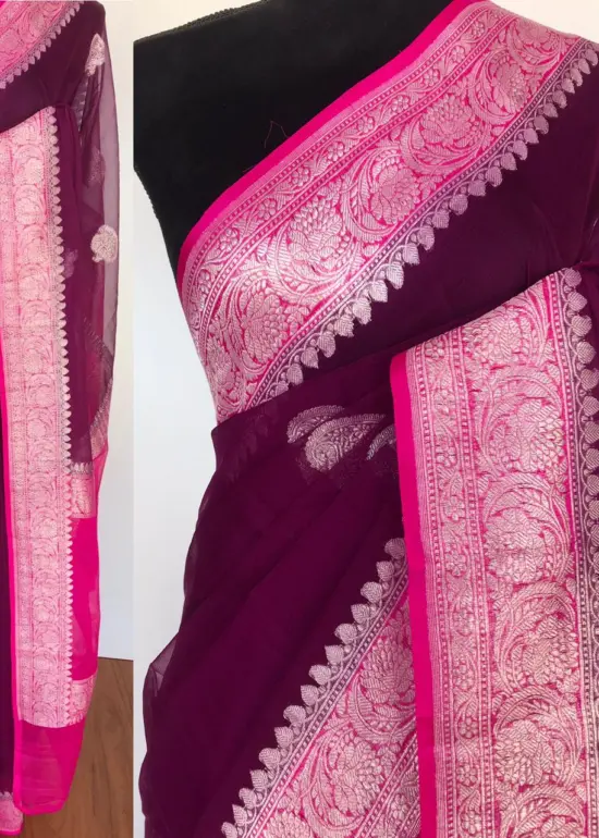 Eggplant Purple Pure Khaddi Banarasi Silk Saree in Chiffon woven in Silver Zari