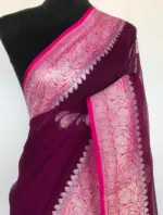 Eggplant Purple Pure Khaddi Banarasi Silk Saree in Chiffon woven in Silver Zari - Image 3