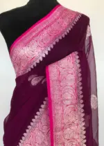 Eggplant Purple Pure Khaddi Banarasi Silk Saree in Chiffon woven in Silver Zari - Image 4
