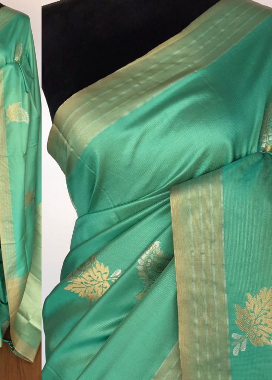 Sea Green Banarasi Silk Saree with Gold and Silver Zari Weaves