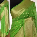 Green Banarasi Silk Saree in Semi Georgette with Antique Silver Zari Weaves