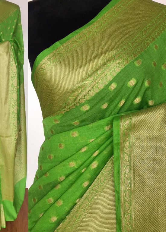 Green Banarasi Silk Saree in Semi Georgette with Antique Silver Zari Weaves