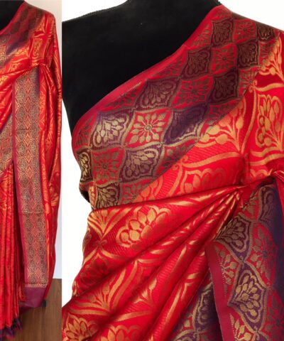 Red Banarasi Silk Saree with Antique Gold Zari Weaves