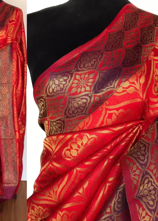 Red Banarasi Silk Saree with Antique Gold Zari Weaves