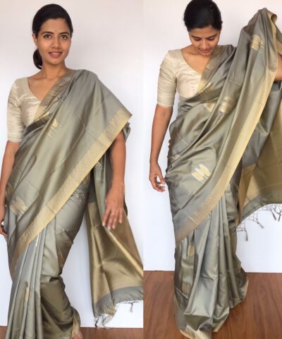 Ash Grey Banarasi Silk Saree with Gold and Silver Zari Weaves