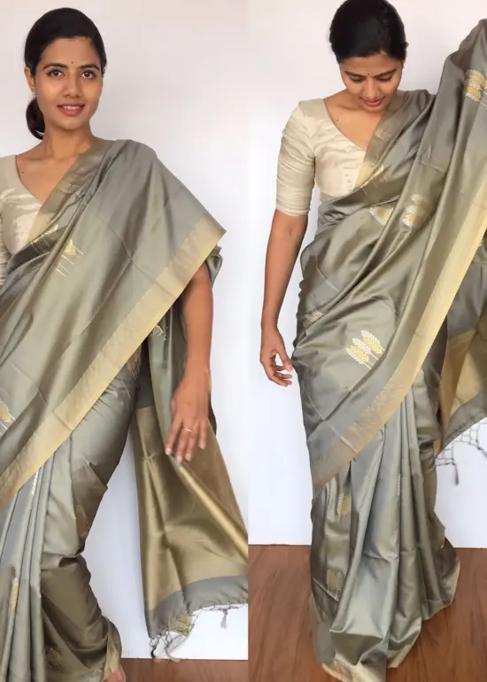 Ash Grey Banarasi Silk Saree with Gold and Silver Zari Weaves