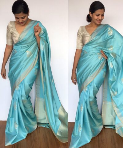 Baby Blue Banarasi Silk Saree with Gold and Silver Zari Weaves