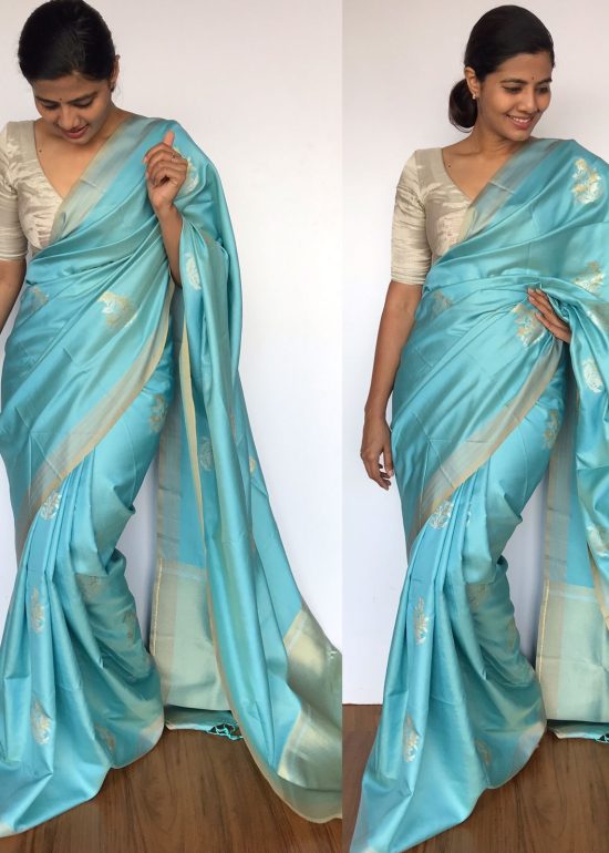 Baby Blue Banarasi Silk Saree with Gold and Silver Zari Weaves
