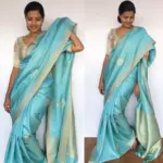 Baby Blue Banarasi Silk Saree with Gold and Silver Zari Weaves - Image 4