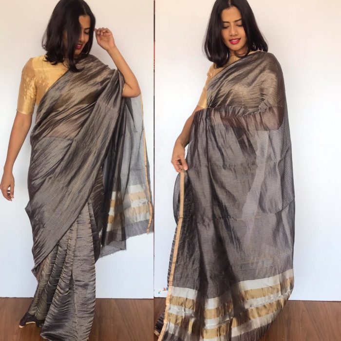 Grey Chiniya Silk Saree with Golden Zari Stripes