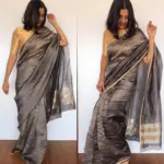 Grey Chiniya Silk Saree with Golden Zari Stripes