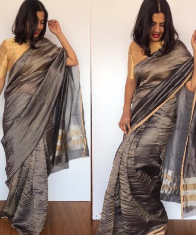 Grey Chiniya Silk Saree with Golden Zari Stripes
