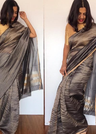 Grey Chiniya Silk Saree with Golden Zari Stripes