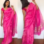 Pink Chiniya Silk Saree with Golden Zari Stripes - Image 2