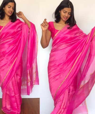 Pink Chiniya Silk Saree with Golden Zari Stripes