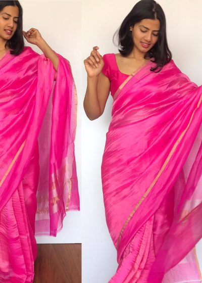 Pink Chiniya Silk Saree with Golden Zari Stripes