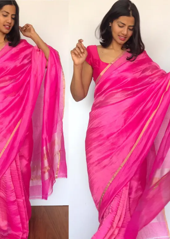 Pink Chiniya Silk Saree with Golden Zari Stripes