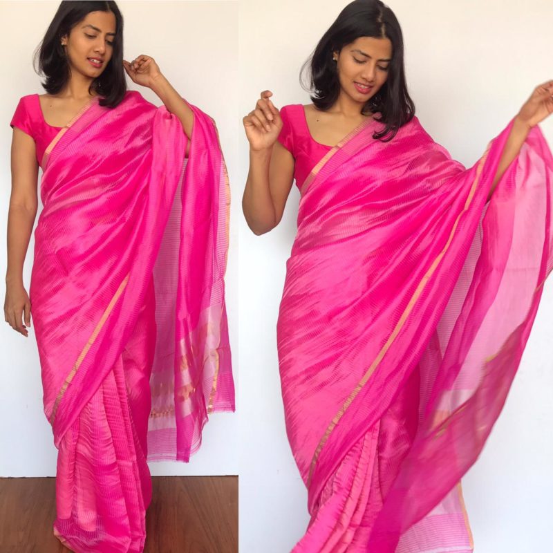 Classic Pink Chiniya Silk Saree with Beautiful Lace Border & Heavy Designer Blouse