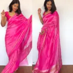 Pink Chiniya Silk Saree with Golden Zari Stripes - Image 4