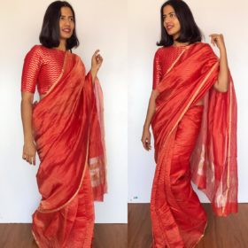 Red Chiniya Silk Saree with Golden Zari Stripes
