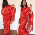 Red Chiniya Silk Saree with Golden Zari Stripes - Image 3