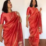 Red Chiniya Silk Saree with Golden Zari Stripes - Image 4
