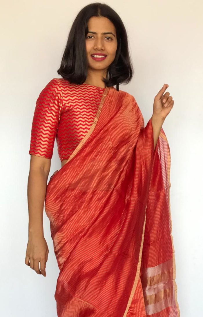 Red Chiniya Silk Saree with Golden Zari Stripes